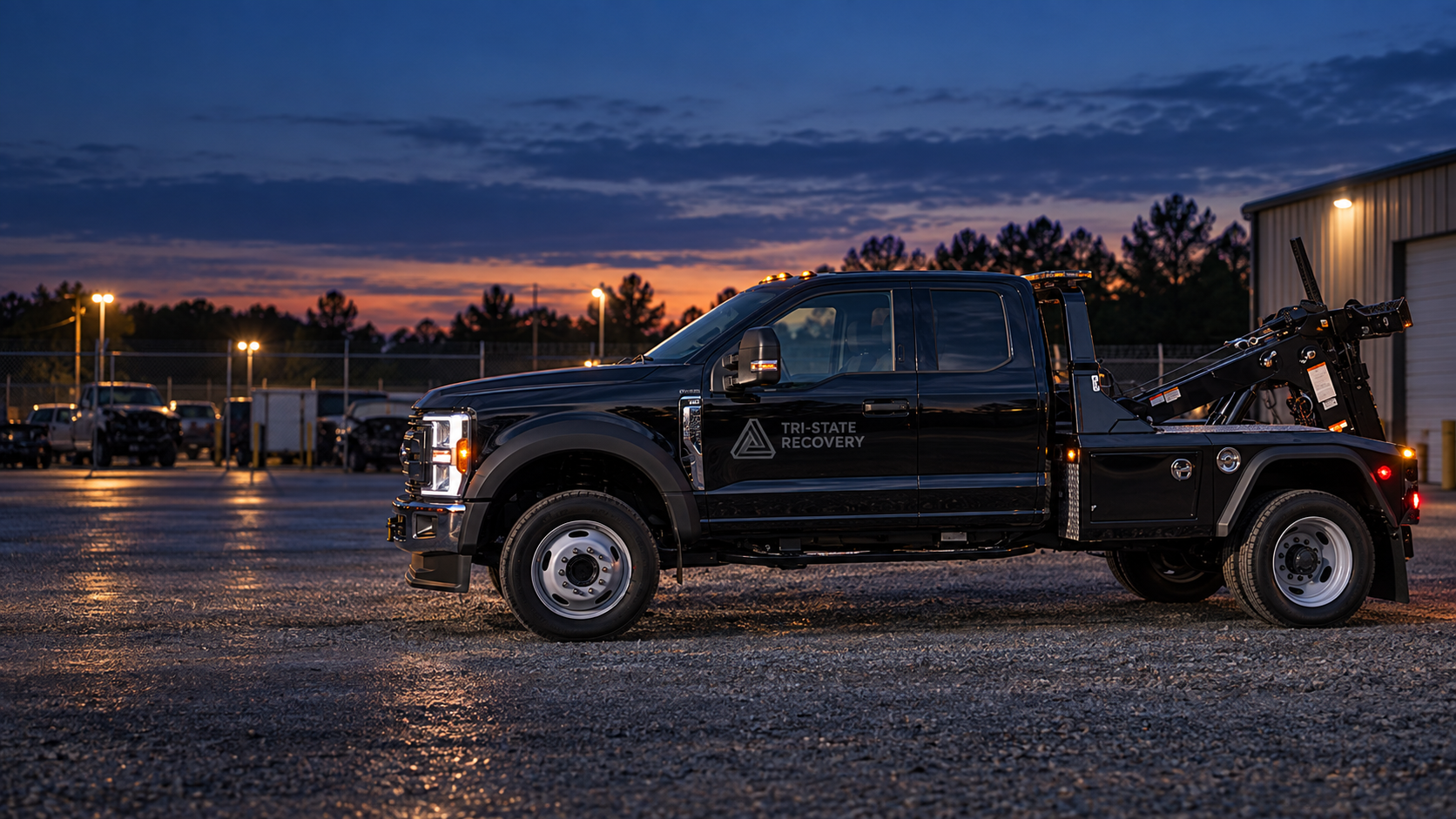 Black extra-cab recovery truck at dusk, with a subdued Tri-State Recovery Penrose decal on the door
