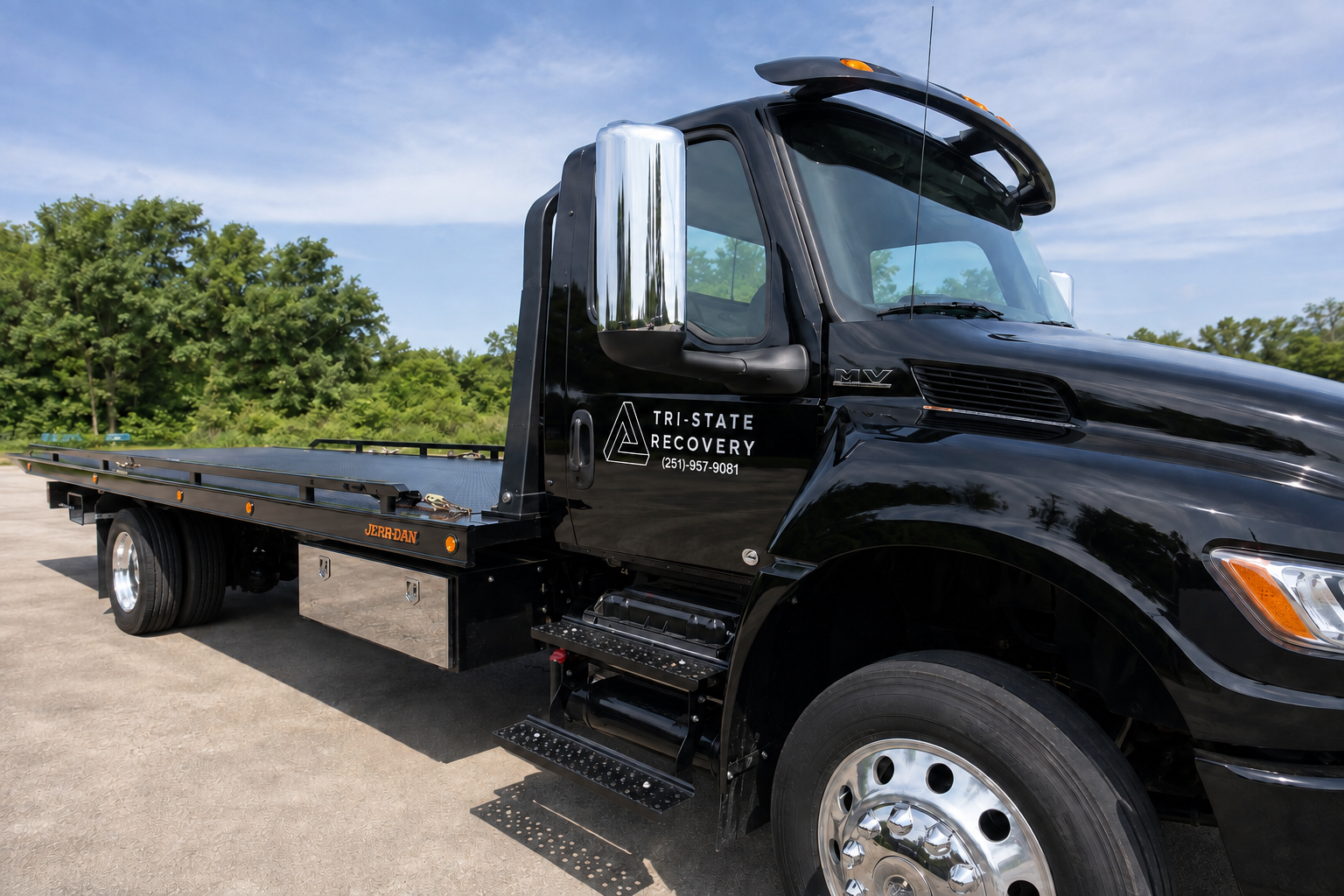 Black International rollback with Tri-State Recovery’s Penrose door logo in daylight